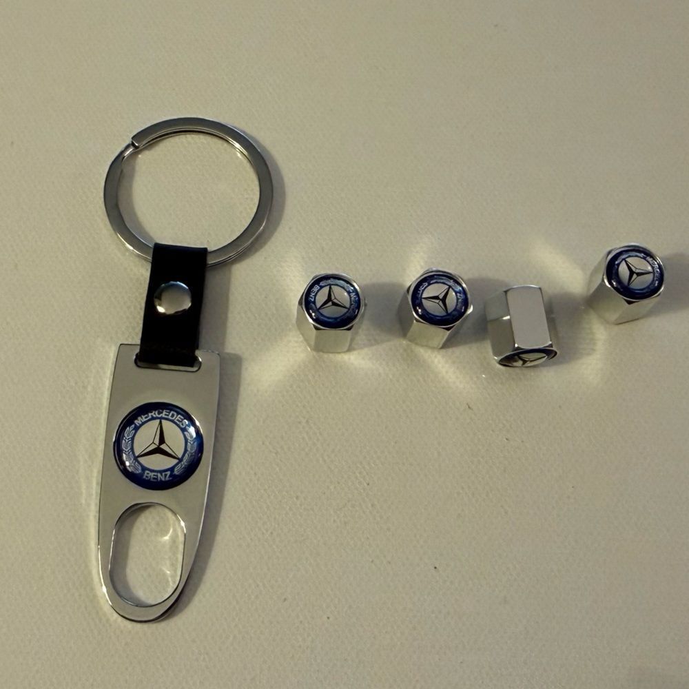 Mercedes Benz Metal Keychain and Valve Stem Caps in Silver NWT